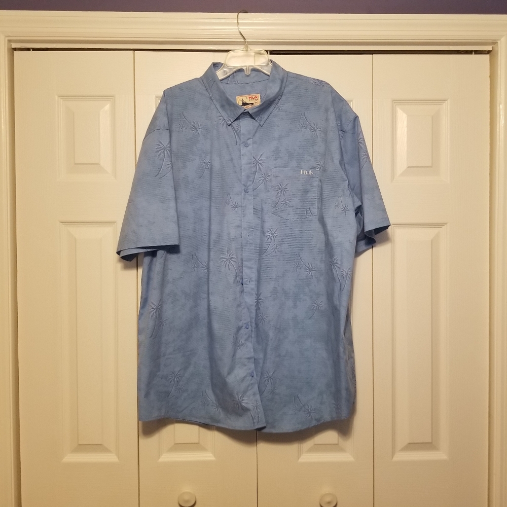 Huk Kona Palm Tree Print Short Sleeve Performance Button-Down Shirt